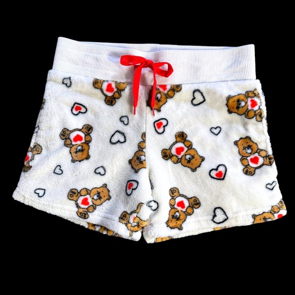 Care Bears Pants - Care Bears Fuzzy Plush Shorts XS Women's White Teddy Bear Hearts Lounge